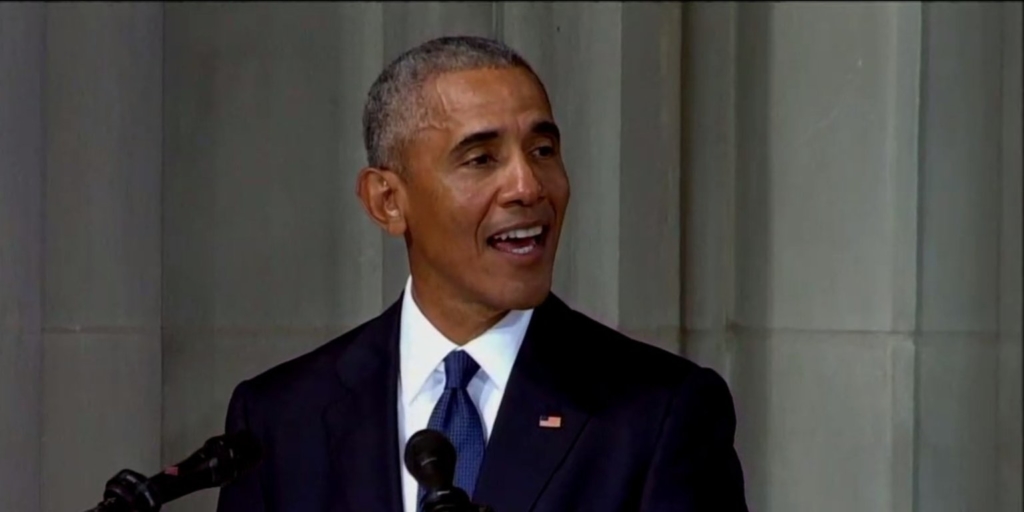 In glowing eulogy for John McCain, Obama urges Americans to follow McCain’s example and ignore ‘mean and petty’ politics ‘born out of fear’